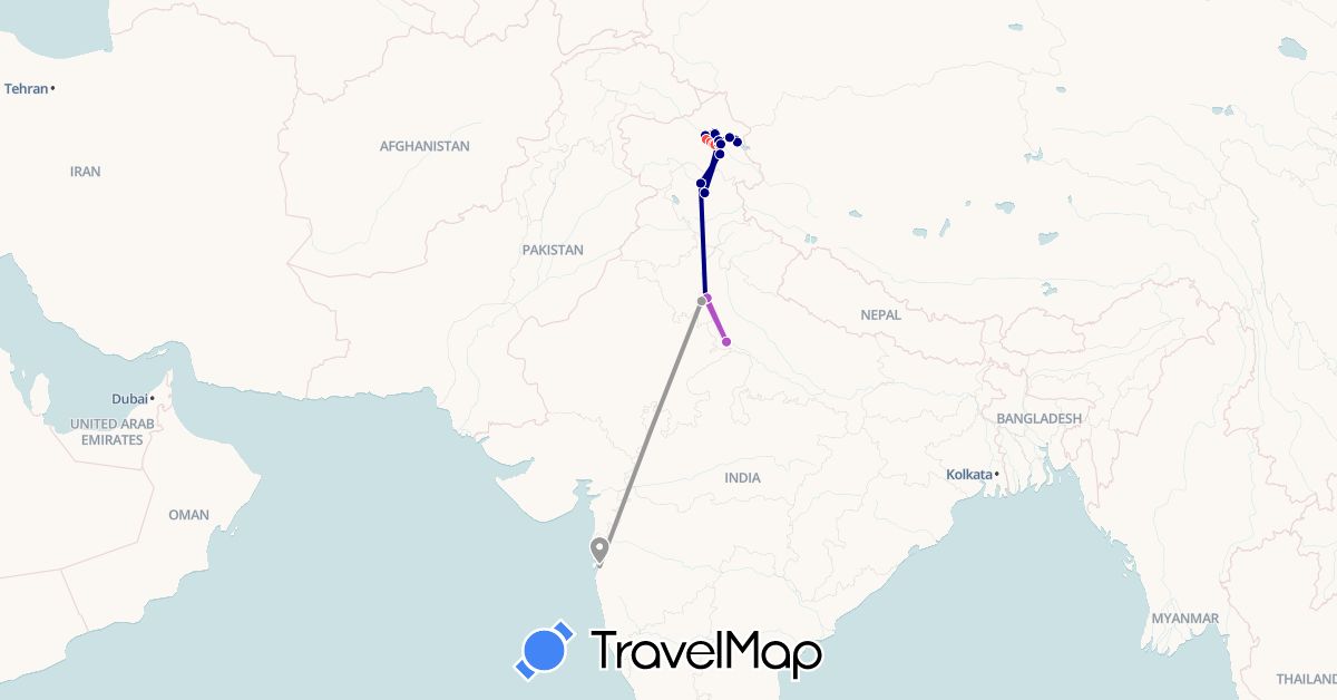 TravelMap itinerary: driving, plane, train, hiking in India (Asia)